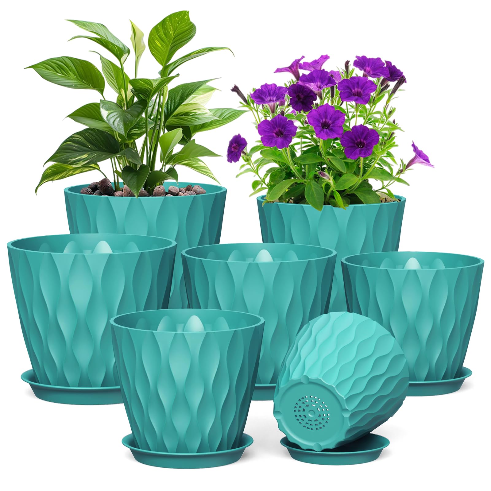 Photo 1 of Meowell 7/6.5/6/5.5/5/4.5/4 inch Plant Pots for Indoor Outdoor Plants, 7 Pack Thick Flower Pots with Drainage Holes and Saucers, Modern Wave Texture Small Plastic Planters Nursery Pots, Blue Green