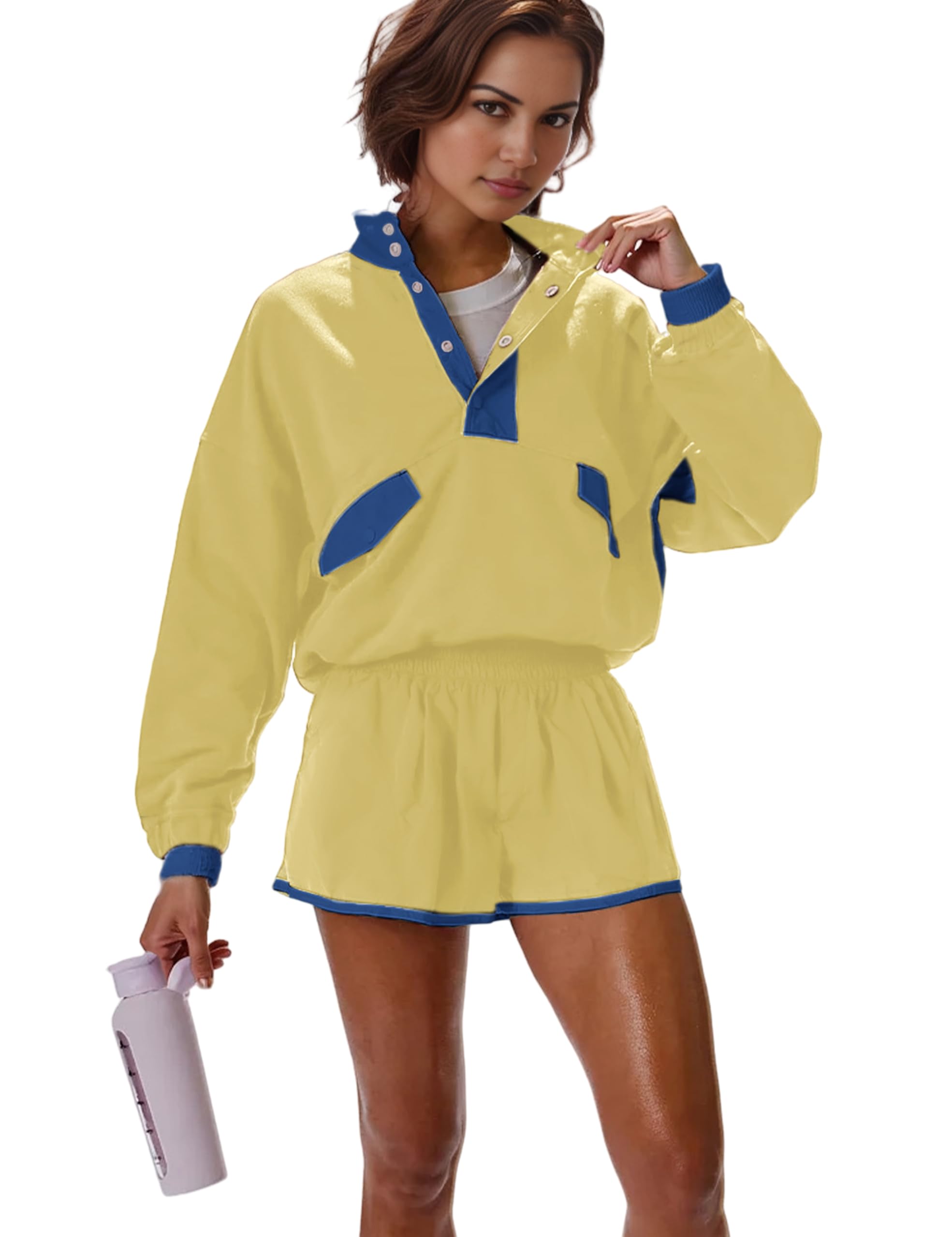 Photo 1 of Seetaa Women's Two Piece Short Sets Summer Lounge Sweatsuits Long Sleeve Outfits Travel Tracksuit with Pocket(Yellow-M)