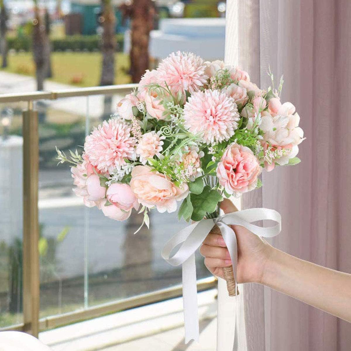 LAWOHO Artificial Flowers 4 Packs Pink Fake Peony Silk Hydrangea Bouquet Decor Plastic Carnations Daisy Realistic Flower Home Office Party Decor Arrangements Wedding Decoration Table Centerpieces - Image 4