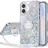 Silverback for iPhone 16 Plus Case, Moving Liquid Holographic Sparkle Glitter Case with Kickstand, Girls Women Bling Diamond Ring Protective Case for iPhone 16 Plus - Clear Silver