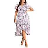 EYWOL Women's Plus Size Floral Wrap Dress - V-Neck Ruffle High-Low Midi Dresses with Flutter Sleeves for Wedding Guest Party