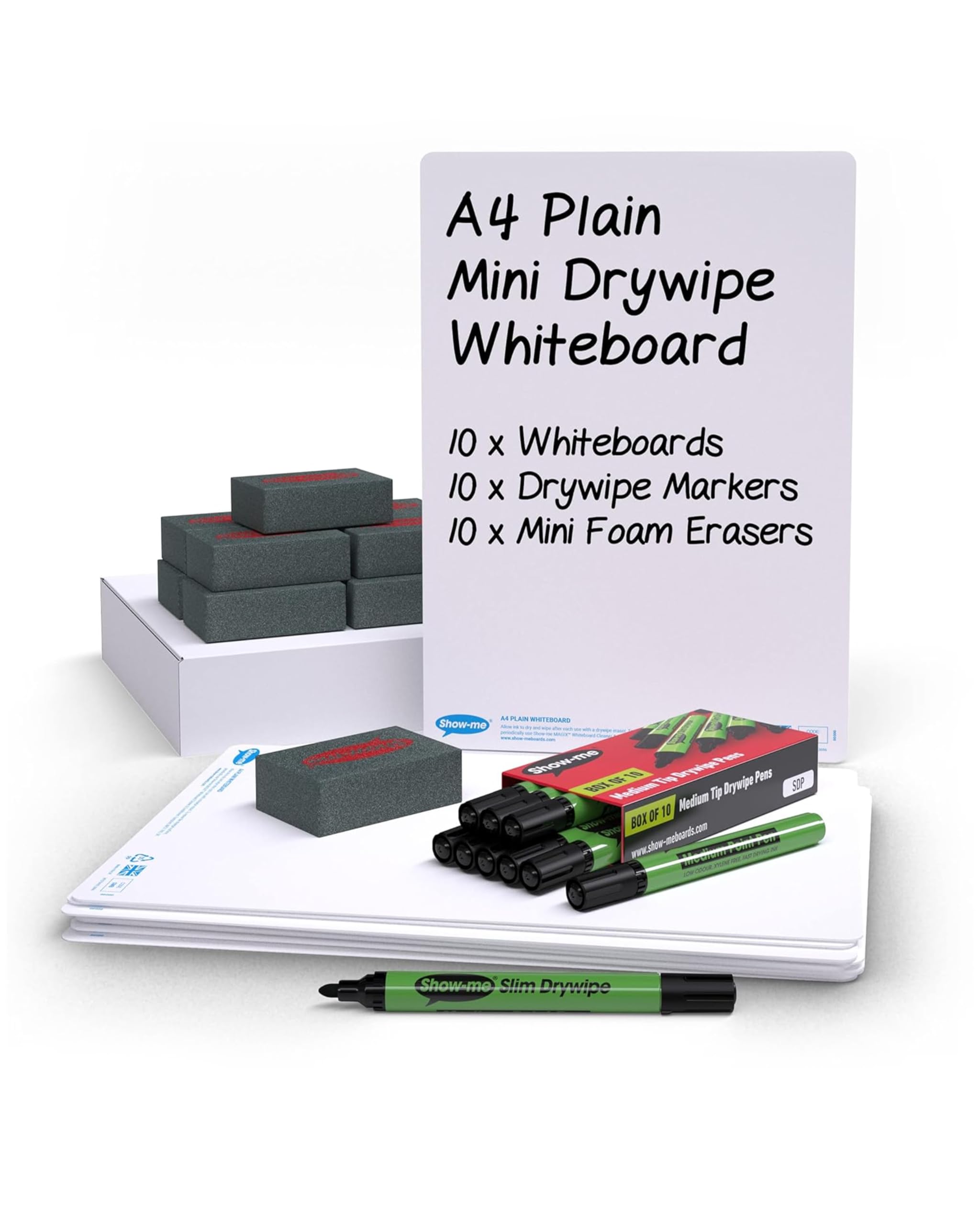 Show-me - Mini Whiteboards A4 Bulk Box | 10 Small Portable Whiteboards with Markers & Erasers | Double-Sided SurfaceShield Technology with 2-Year Surface Guarantee
