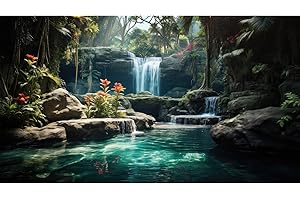 ZATIASMILLER Waterfall Aquarium Background Tropical Rainforest Fish Tank Background Flowers Green Leaves Tranquil Lake Reptile Tank Background Tropical Jungle Garden Reptile Enclosure Backdground 24x12in