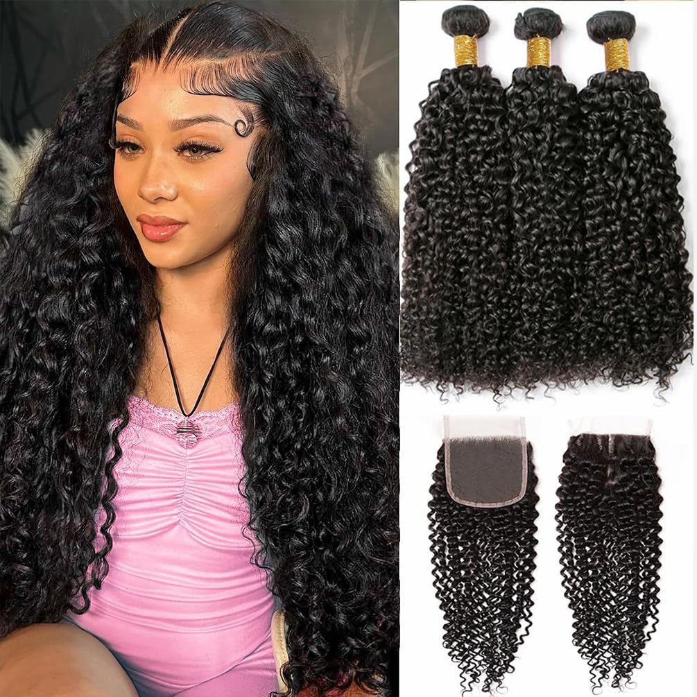 Kinky Curly Human Hair Bundles with Closure Grade 10A Virgin Unprocessed Brazilian Curly Hair 3 Bundles with Closure Free Part(16 18 20 with 14" closure)
