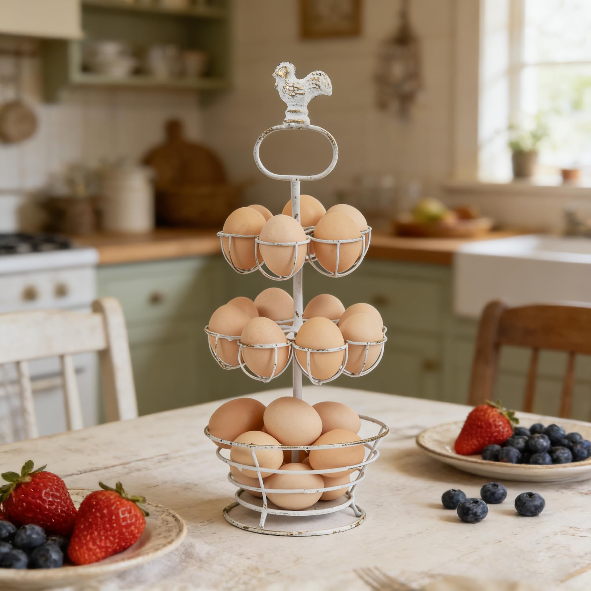 Photo 1 of Fresh Egg Holder Countertop Vintage Metal Multi-Tier Egg Holder with Storage Basket Farmhouse Countertop Egg Storage Rack for Kitchen Organization (Double Layer White)