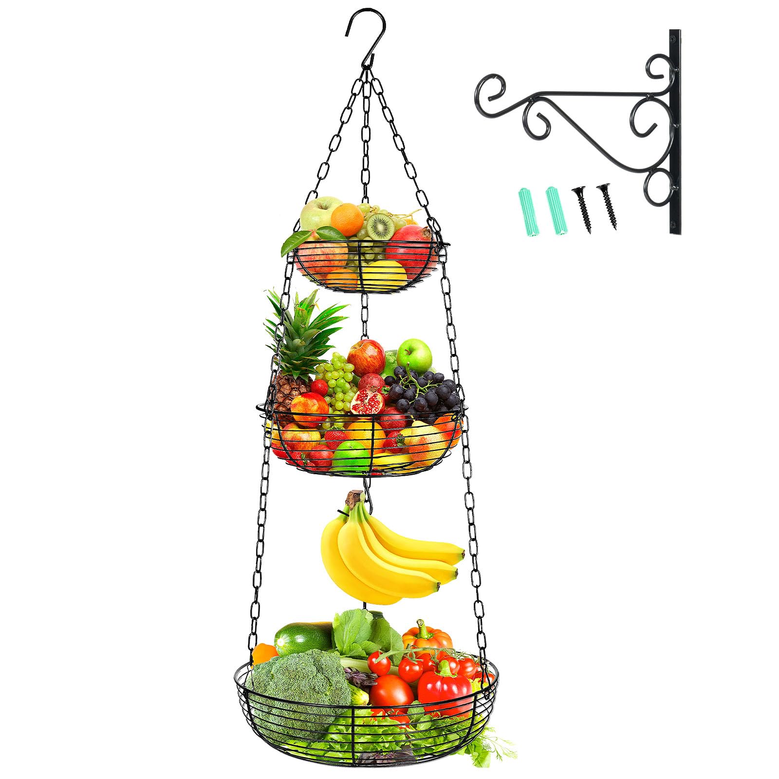 Photo 1 of HULISEN 3 Tier Hanging Fruit Basket with Banana Hook, 36-Inch Heavy-Duty Wire Hanging Baskets for Kitchen Storage, Vegetable Produce Organizer (Including Installation Bracket)