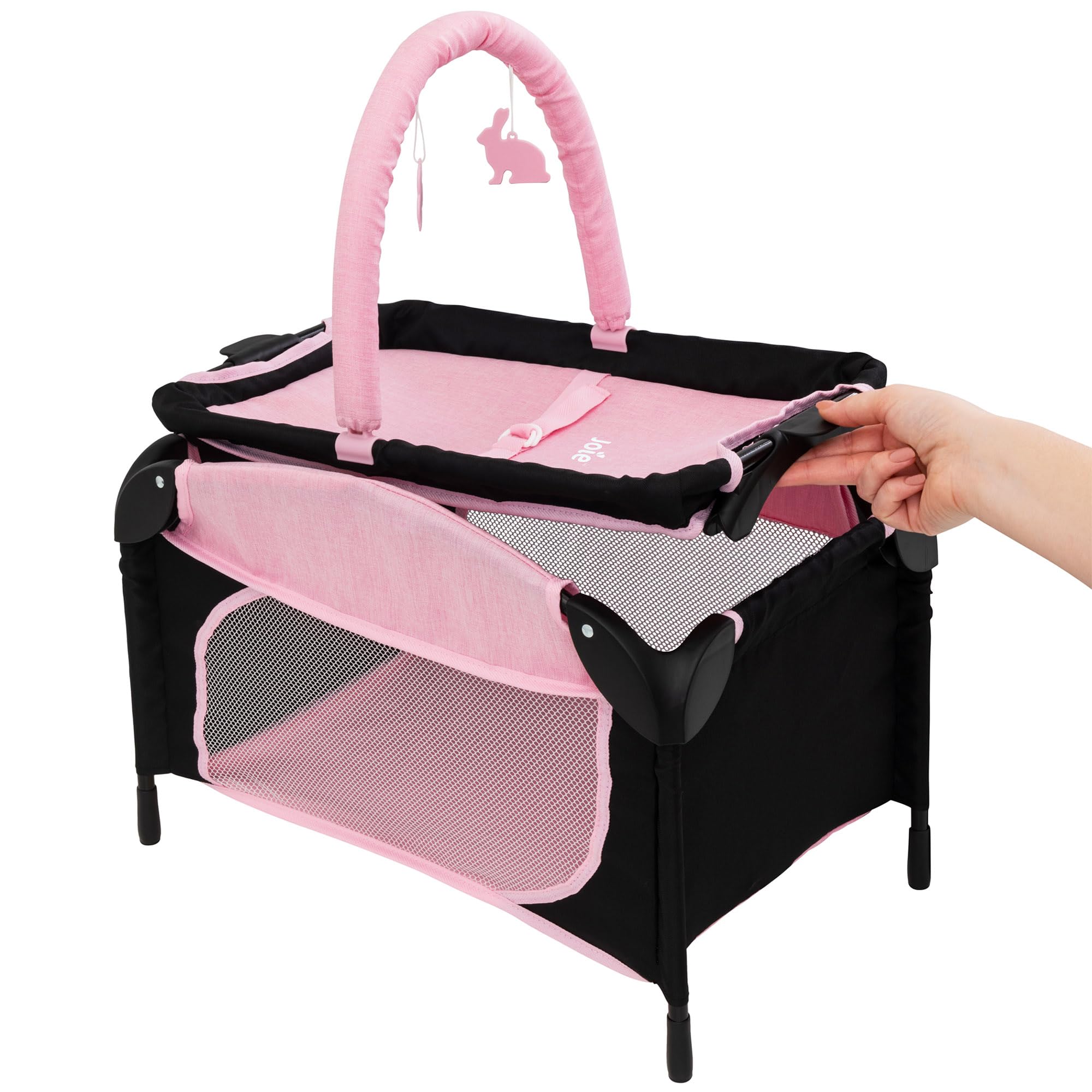 Joie Junior Sleep & Dream Travel Nursery Cot Toy In Pink & Black | Detachable Changing Unit and Play Bar | Lightweight Travel Dolls Crib For Children Aged 3+.