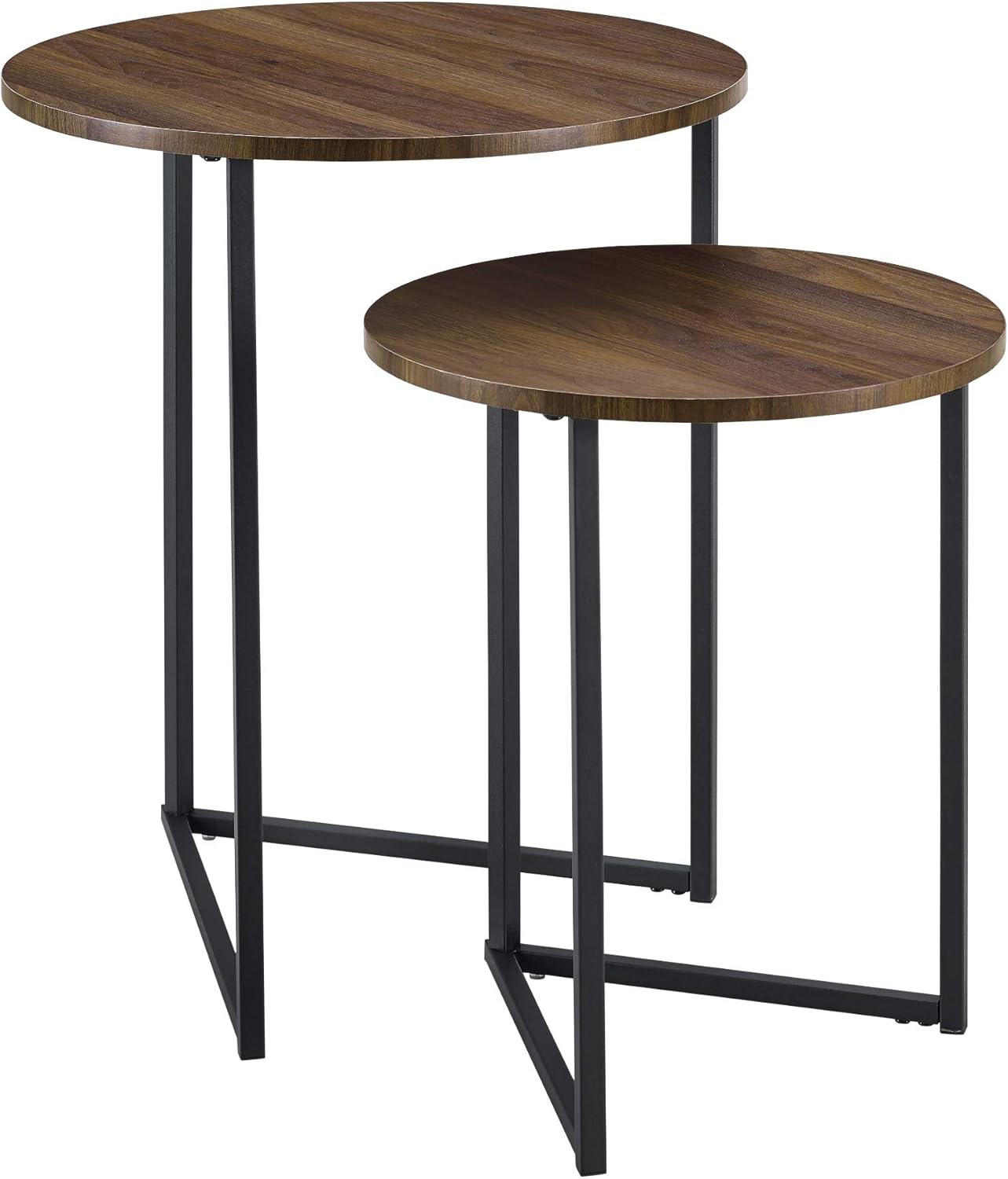 Walker Edison Furniture Company Modern Round Metal Base Nesting Set Side Accent Living Room Storage Small End Table, Set of 2, Walnut Brown: Furniture & Decor