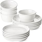 LE TAUCI Ceramic Plates and Bowls Set for 4, 12-Piece Ceramic Dinnerware Set, Farmhouse Dishes Set, Microwave & Dishwasher Safe, Stackable, 10" Dinner+8" Salad Plates+6" Bowls, White