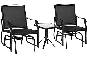 Outsunny 3 Piece Patio Glider Set, Outdoor Gliders with Glass Top Table, Breathable Mesh Seat, or Garden, Country Yard, Porch