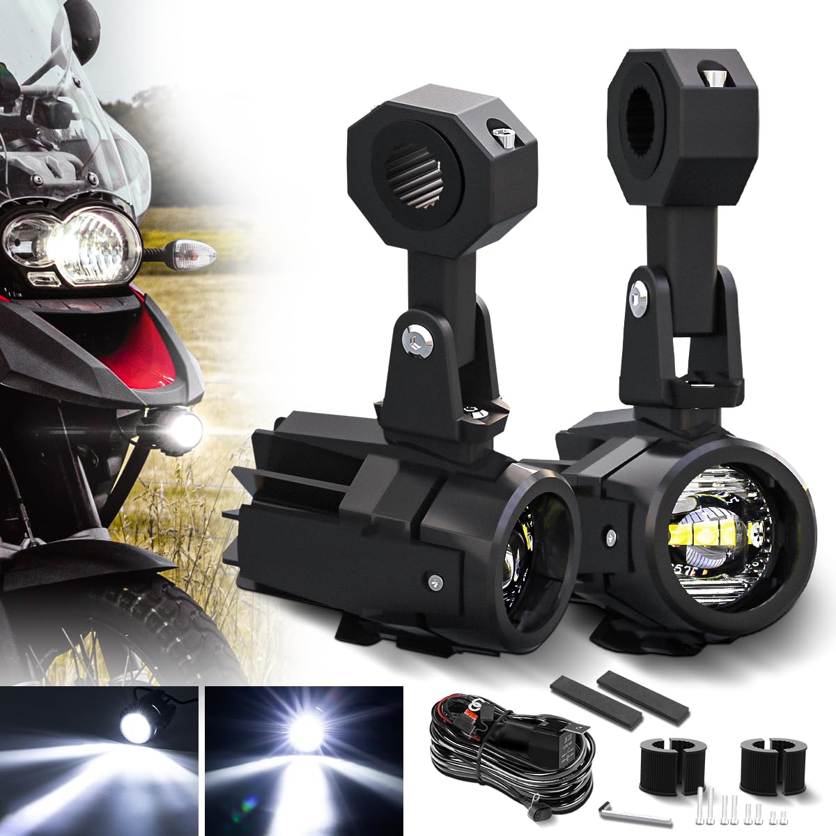 Photo 1 of BWCarid LED Motorcycle Auxiliary Spot Driving Fog Lights with Switch Wiring Harness Mount Bracket Kit for Adventure R1200GS F700GS F650gs K1600 Cruise Touring Motorcycle 40W