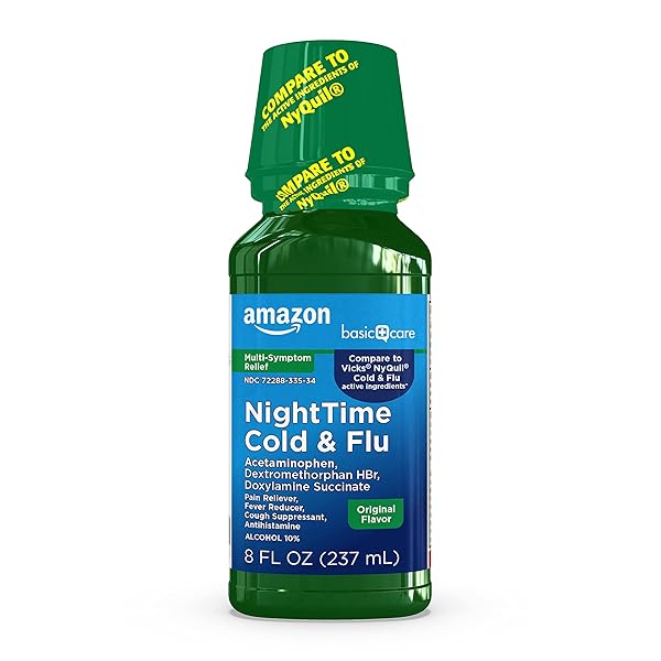 AMAZON BASIC CARE NIGHTTIME COLD & FLU RELIEF, PAIN RELIEVER, FEVER REDUCER, COUGH SUPPRESSANT & ANTIHISTAMINE LIQUID, ORIGINAL FLAVOR, 8 FL OZ (PACK OF 1)