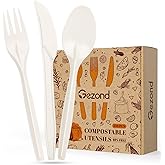 Gezond 100% Compostable Cutlery Set 150 Pack Extra Long Disposable Cutlery with 50 Forks 50 Spoons 50 Knives 7 Inch No Plastic Biodegradable Utensils for Party Wedding Camping Office Picnic