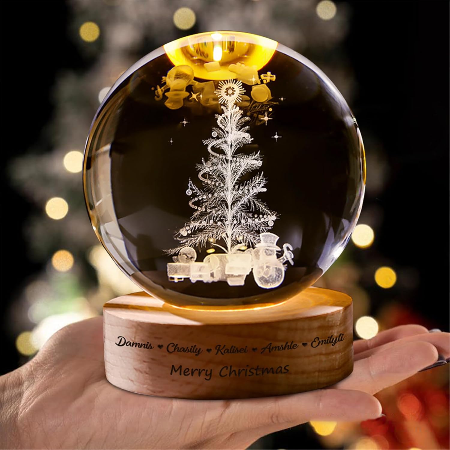 Snow Globes - Smallduuck Personalized Family Snowman Crystal Globe with Name Custom Christmas Tree Crystal Ball Light Christmas Village Houses Crystal Ball with Wooden Base Light Up Snowman Lighted Christmas Decor