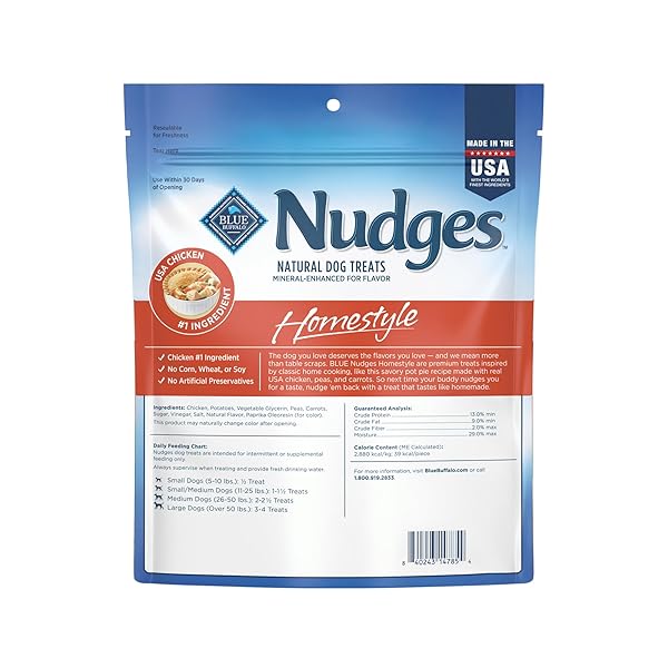 BLUE BUFFALO NUDGES HOMESTYLE NATURAL DOG TREATS, MADE IN THE USA WITH REAL CHICKEN, PEAS, AND CARROTS, 16-OZ. BAG
