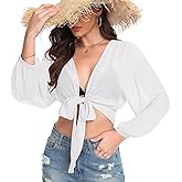 Women's Tie Front Tops Swimwear Cover Ups Long Sleeve Cropped Cardigan Swimsuit Beach Shirt