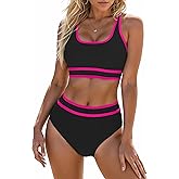 Blooming Jelly Womens High Waist Bikini Sets Sporty Color Block Two Piece Swimsuits Scoop Neck Cheeky Bathing Suits