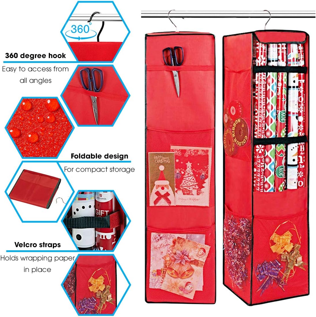 ProPik Hanging Gift Wrap Organizer, Wrapping Paper Storage Bag, Swivel Hanger 360 Degree Multiple Pockets & Loops, Holds Up to 25 Rolls 40 Inch, Space for Ribbons Bows Gift Wrap Folds Flat (Red): Home & Kitchen