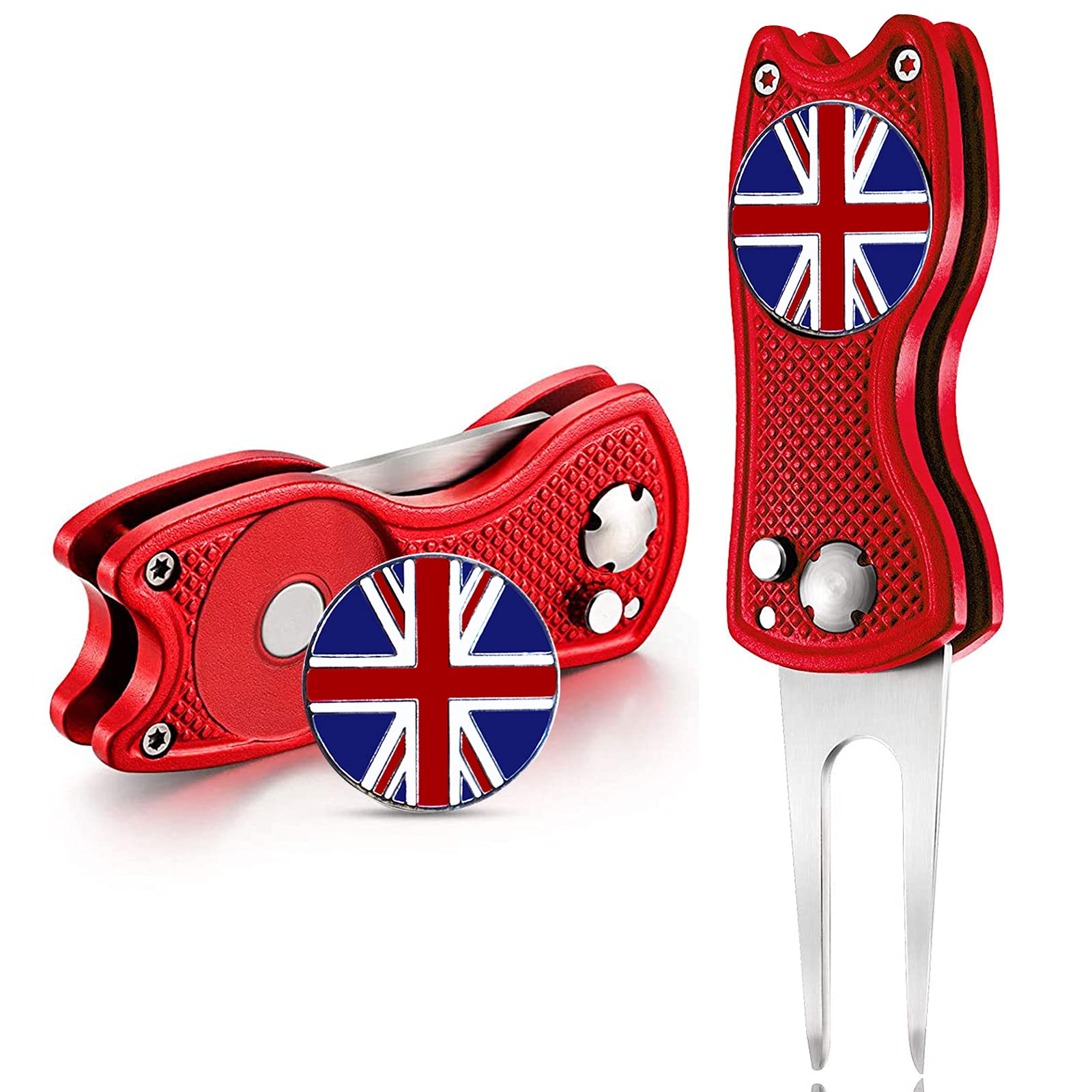 FINGER TEN Golf Divot Repair Tool with Ball Marker Value 2 Pack, Stainless Steel Magnetic Marker Color Red Blue Black Foldable Portable Gifts for Men Women Golfer (Red Cat-2 Pack)