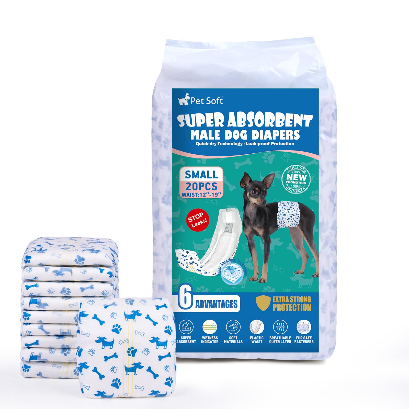 Pet Soft Dog Nappies Male - 20 Counts Disposable Dog Wraps with Wetness Indicator, Super Absorbent Male Dog Diapers for Incontinence (S-20 Count)