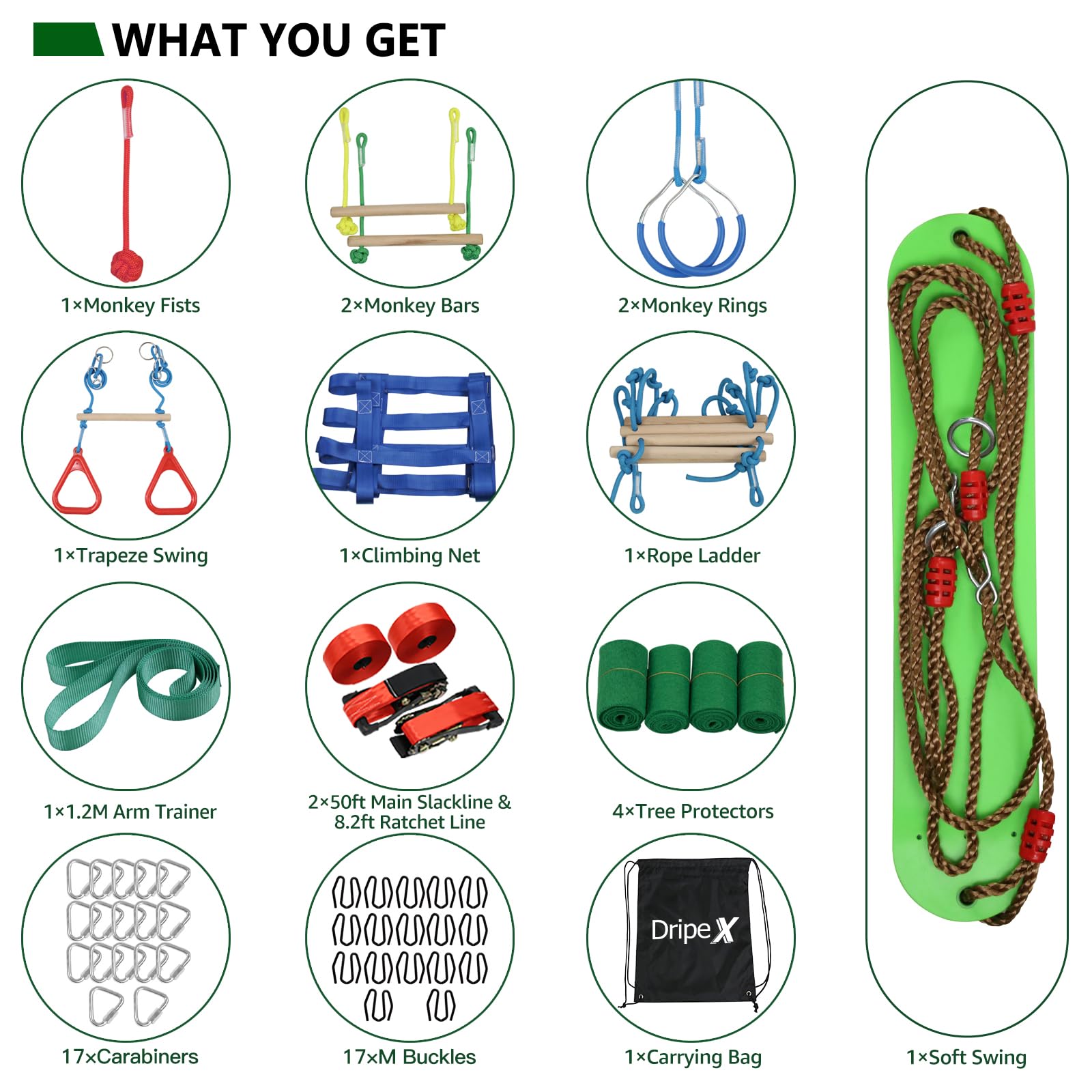 Ninja Warrior Obstacle Course for Kids Backyard - 2×50ft Slackline Kit with 10 Most Complete Accessories for Boys & Girls, Swing, Rope Ladder, Gymnastic Ring, Climbing Net, Arm Trainer and Monkey Fist