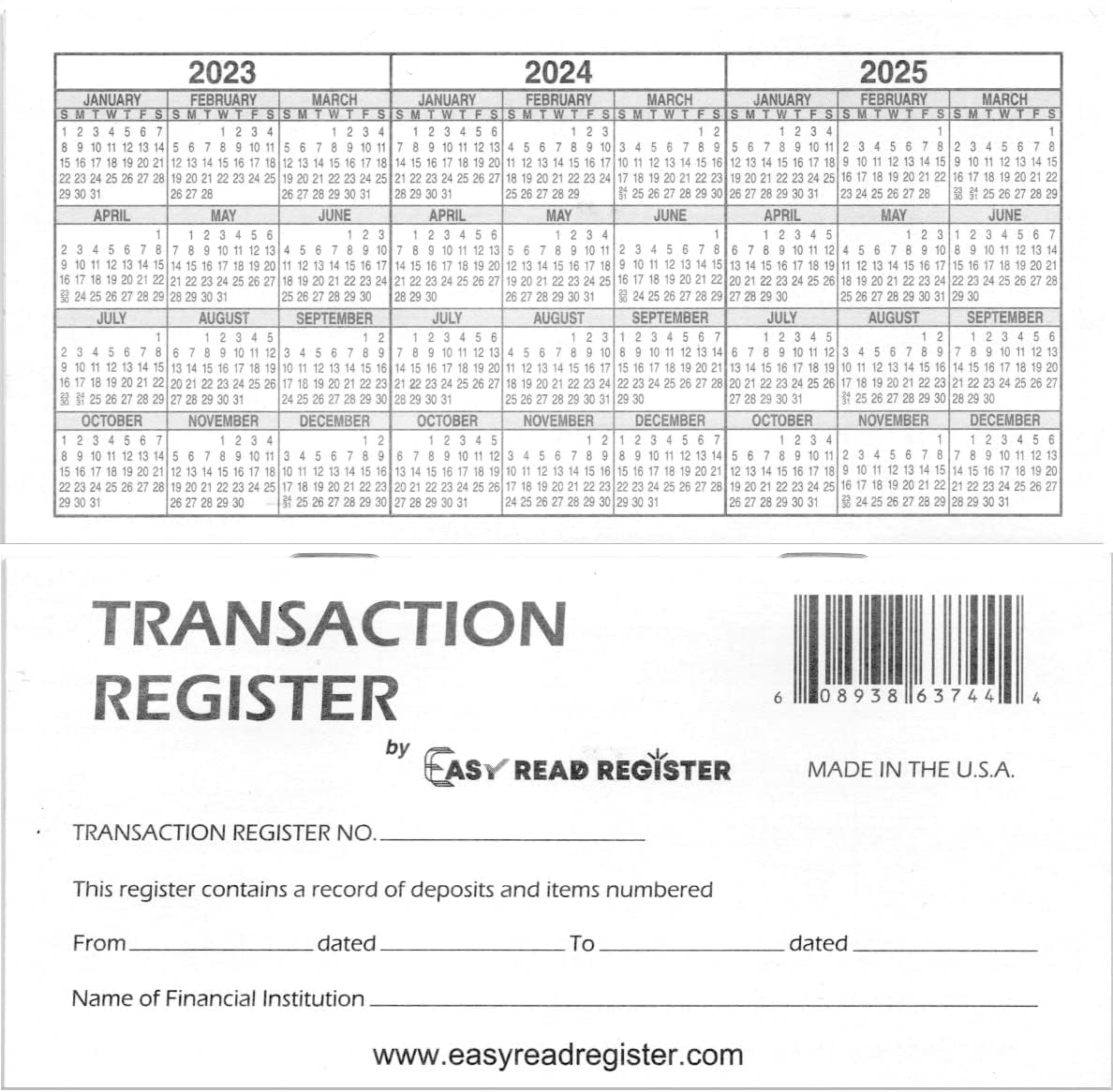 10 Checkbook Transaction Registers, 2023-2024-2025 Calendars, Made in USA, Plain, White
