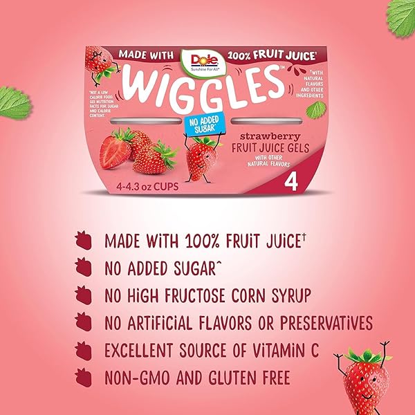 DOLE WIGGLES NO SUGAR ADDED STRAWBERRY FRUIT JUICE GELS SNACKS, 4.3OZ 4 TOTAL CUPS, GLUTEN & DAIRY FREE, BULK LUNCH SNACKS FOR KIDS & ADULTS