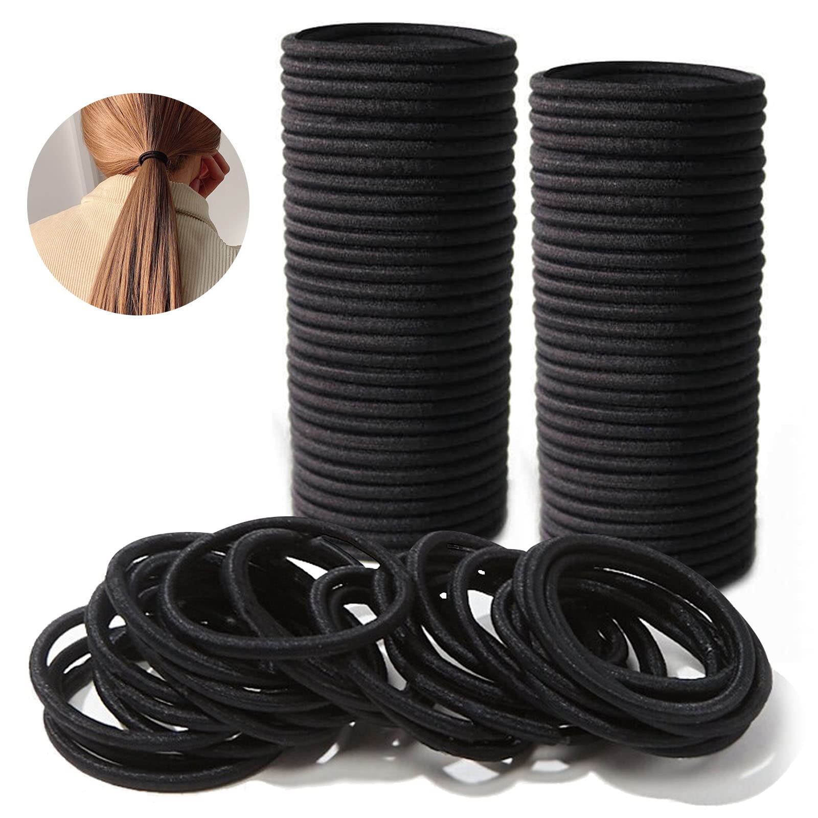 Hair Bands for Women, 100PCS Hair Bobbles Ties Elastics 4mm Black Small Elastic Thin Hairs Bands Ponytail Holders No Metal for Girls Men