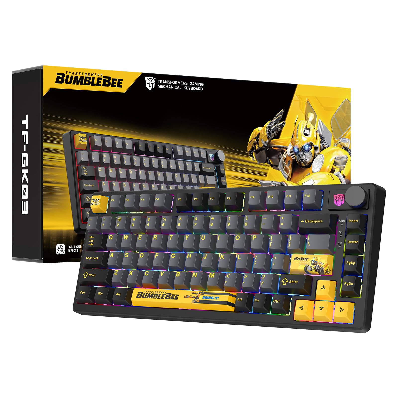 Transformers GK03 Mechanical Keyboard Wireless,RGB Creamy Gaming Keyboard Wireless, BT5.0/USB-C/2.4GHz,Custom Hi-Fi Linear Switch,Hot-Swap Socket/Knob Control Computer Keyboards(Bumblebee Black)