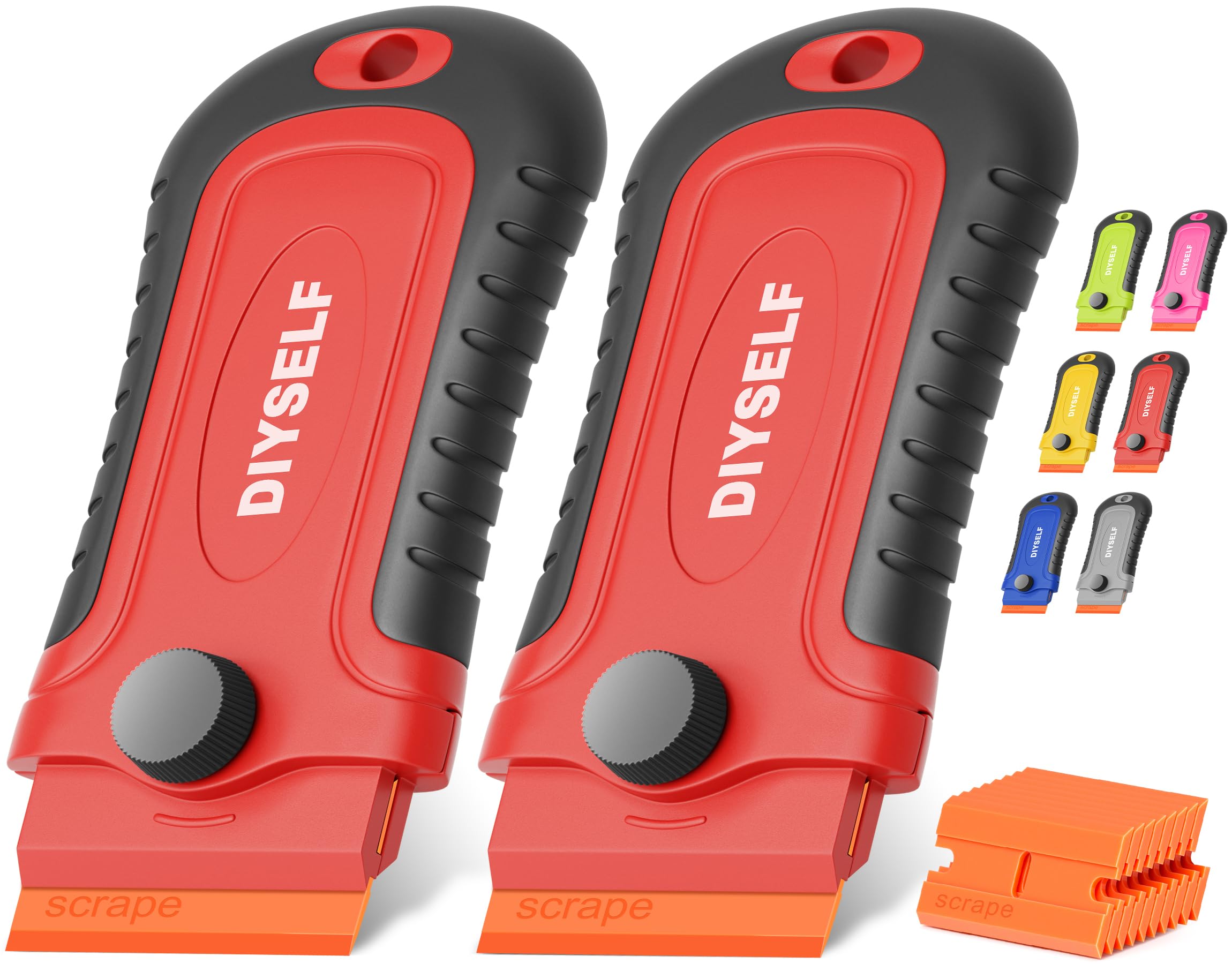 Photo 1 of DIYSELF 2 Pcs Plastic Razor Blade Scraper with 10 Pcs Blades, Plastic Scraper Tool for Adhesive Remover, Scrapers for Cleaning Stickers, Decals, Glass, Windows, Car, No Scratches (Red)