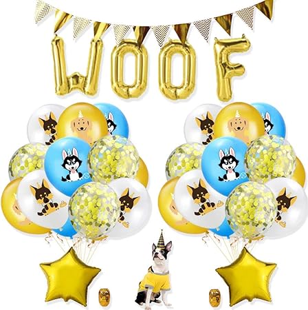 Amazon 犬 誕生日 飾り付け パーティー セット 愛玩動物 ペット 可愛い Moof ガーランド バナー 三角旗 バルーン 風船 ホワイト ゴールド ブルー 紙吹雪入れ 風船 スター リボン 26枚セット 風船 バルーン おもちゃ