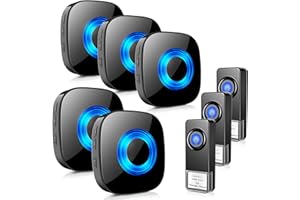 Wireless Door Bells for Home, PHYSEN Waterproof Door Chime Kit Operating at 1300-ft 58 Chimes 5 Volume Levels LED Strobe, 3 Push Buttons + 5 Plug in Receivers, Black