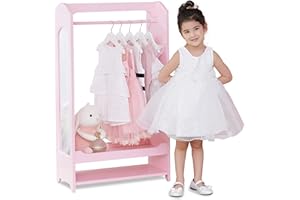 Teamson Kids - Kids Clothed Rack, Girl Dress Up Closet, Kids Dress Up Wardrobe, Dress Up Furniture Hanging Rack for Kids, Toddler Dress Up Station, Wooden Dress Up Unit with Hooks and Mirror - Pink