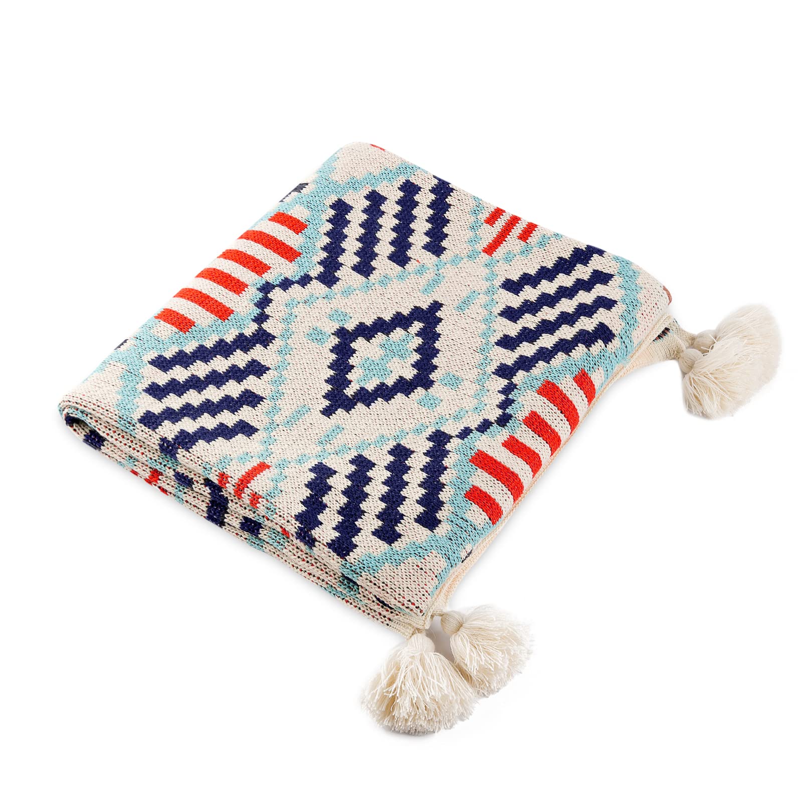 LumiSyne Knitted Throw Blanket Vintage Tassel Bohemian Ethnic Style Geometric Pattern Cozy Armchair Cover Warm Throws For Sofa Couch Bed Shawl Blanket 130x110cm