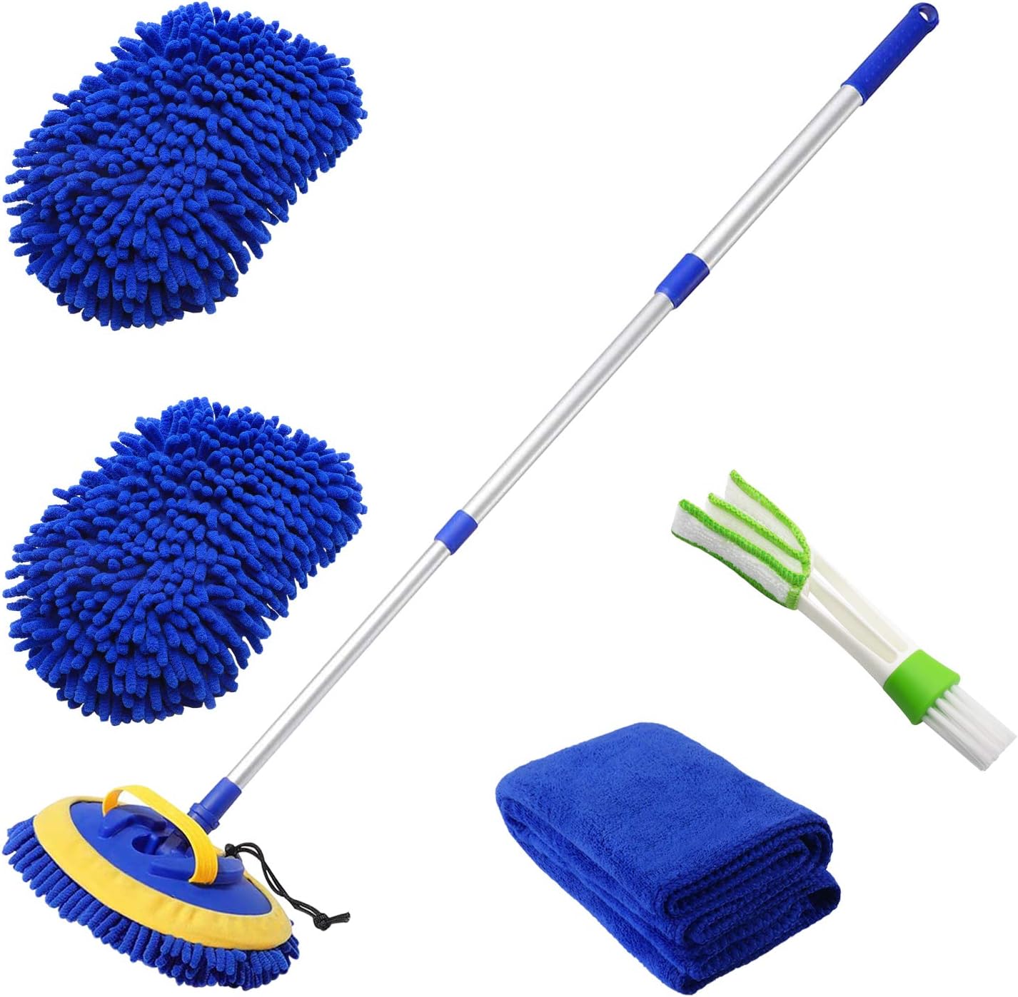 2 in 1 Microfiber Car Wash Mop Mitt with 45" Aluminum Alloy Long Handle,Chenille Car Cleaning Kit Brush Duster with Scratch Free for Washing Car/Truck/RV,2 Mop Head and 1 Towels and Air Vent Duster: Automotive