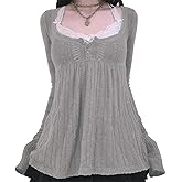 Women Fairy Grunge Shirts Y2k Long Sleeve V Neck Slim Fit Babydoll Top Vintage Aesthetic 2000s Clothes Streetwear