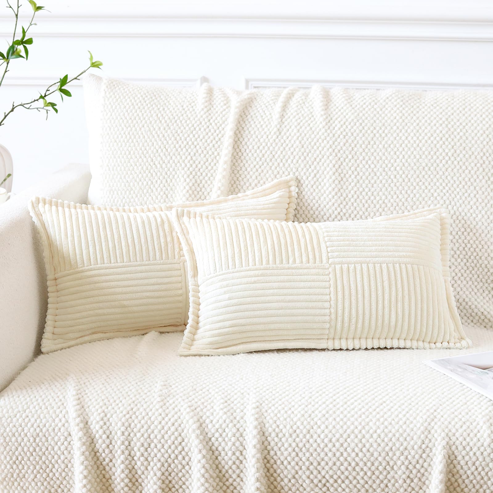 Artscope Corduroy Cushion Covers Pack of 2 Modern Patchwork Throw Pillow Covers Soft Pillowcase Broadside Decorative Textured Cushions for Home decor Sofa Bedroom Couch Cream Beige 30x50cm — image 1