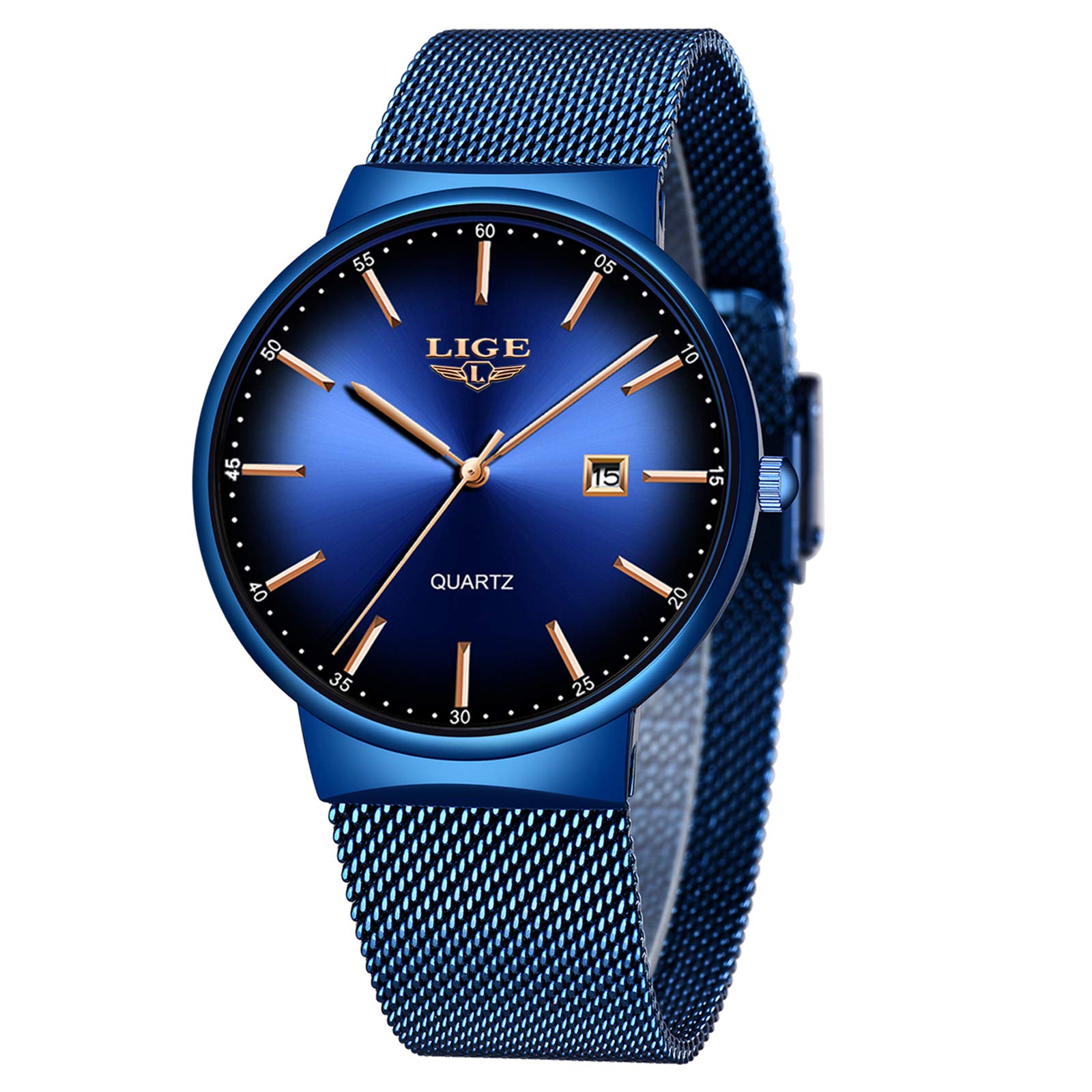 LIGE Mens Watches Ultra-Thin Sport Chronograph Waterproof Analogue Quartz Stainless Steel Mesh Wrist Watch Gents Fashion Simple