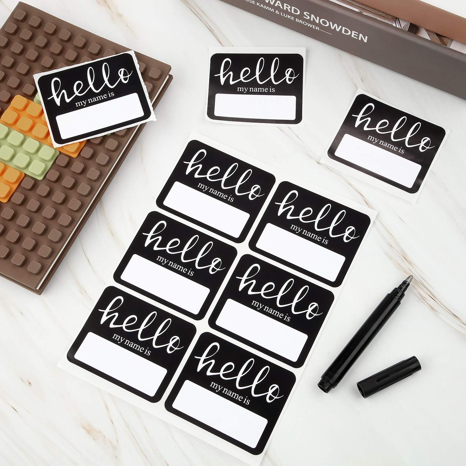 120 Pieces Hello Name Tags with Black Marker Pen, Hello My Name is Stickers Newborn Baby Name