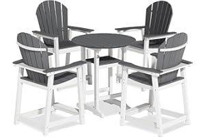 OTSUN Tall Adirondack Chairs Patio Bar Tables Set of 5 Weather Resistant HDPE 35" Round Outdoor Bar Adirondack Barstools Plastic Height Table Pub, for Garden, Yard, Pool (White & Grey)