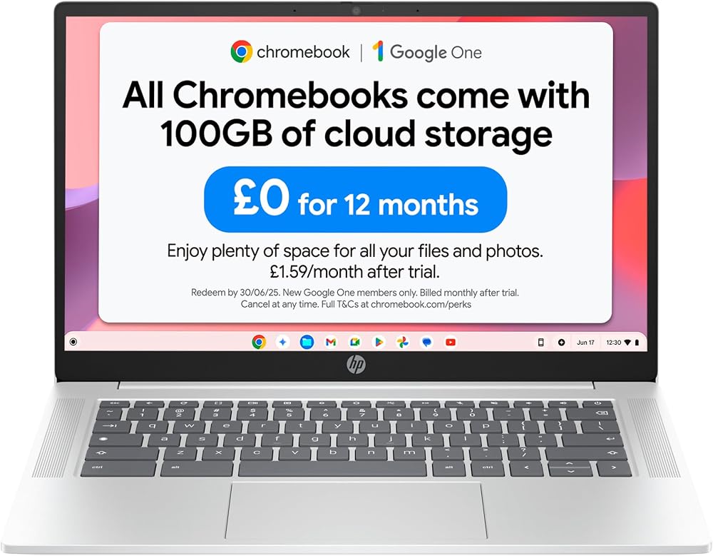 HP Chromebook 14 N100 4GB RAM 128GB SSD 14" HD Chrome OS Glacier Silver