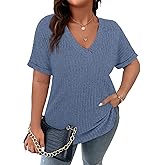 Cucuchy Style Womens Plus Size Tops Casual V Neck Shirts Short Sleeve Solid Color Blouses
