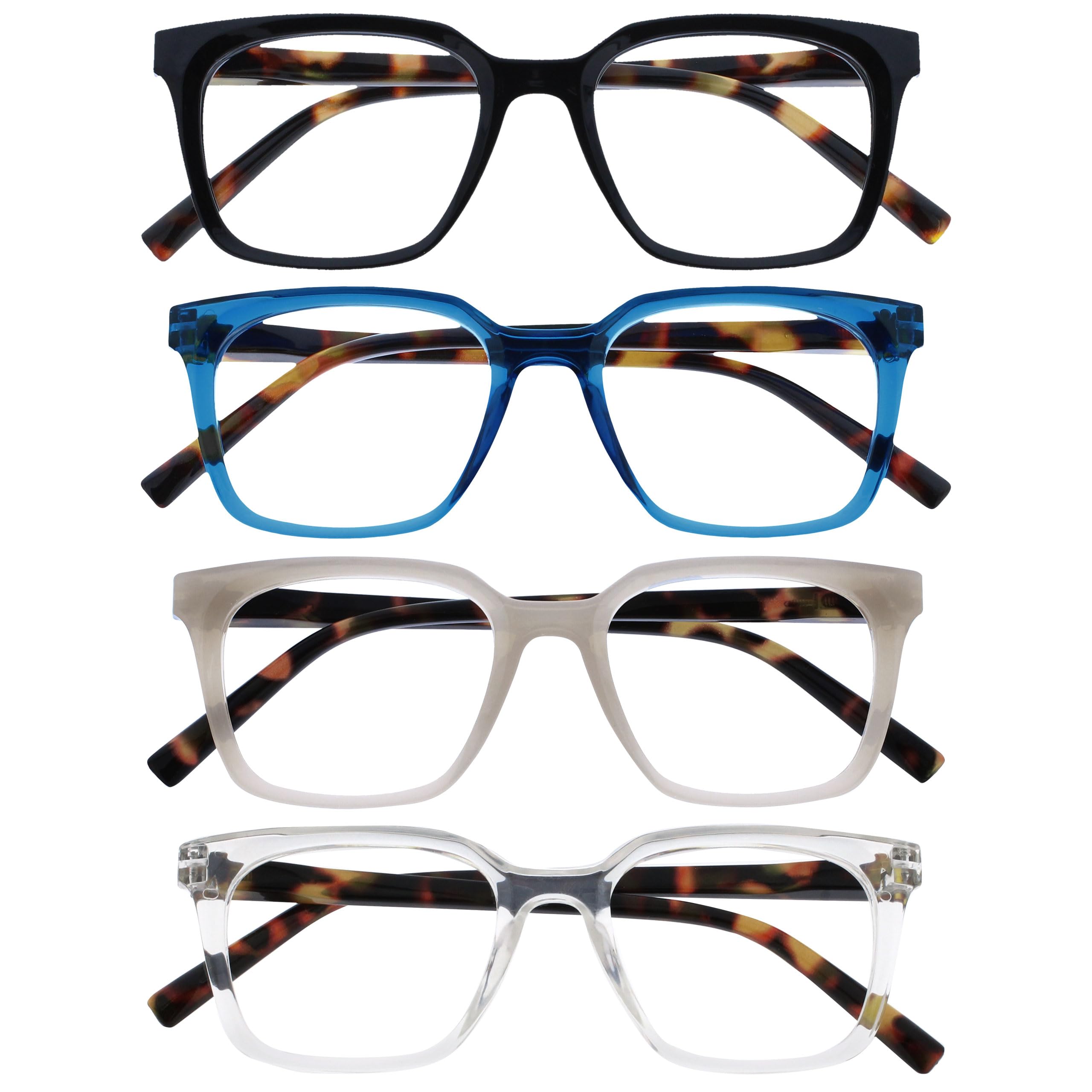 OPULIZE KOI Reading Glasses 4 Pack - Large Rectangular Frame - Black-Blue-Grey-Clear - Mens Womens- Spring Hinges - RRRR50-137C - +3.50