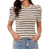 AKEWEI Puff Short Sleeve Sweater for Women Tops Trendy Spring Summer 2025 Business Casual Outfits Knit Crewneck Shirt Blouses