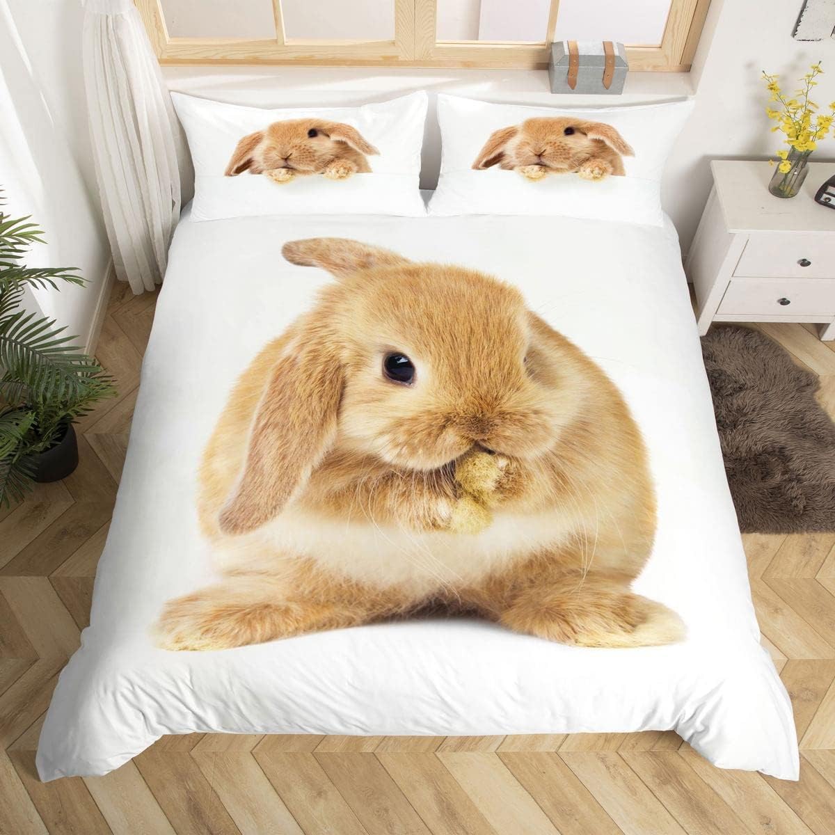 Rabbit Bedding Set Yellow Rabbit Comforter Cover for Kids Boys Girls Teens Kawaii 3D Animal Duvet Cover Breathable Cute Aniaml Rabbit Fur Skin Bedspread Cover Room Decor Single Size