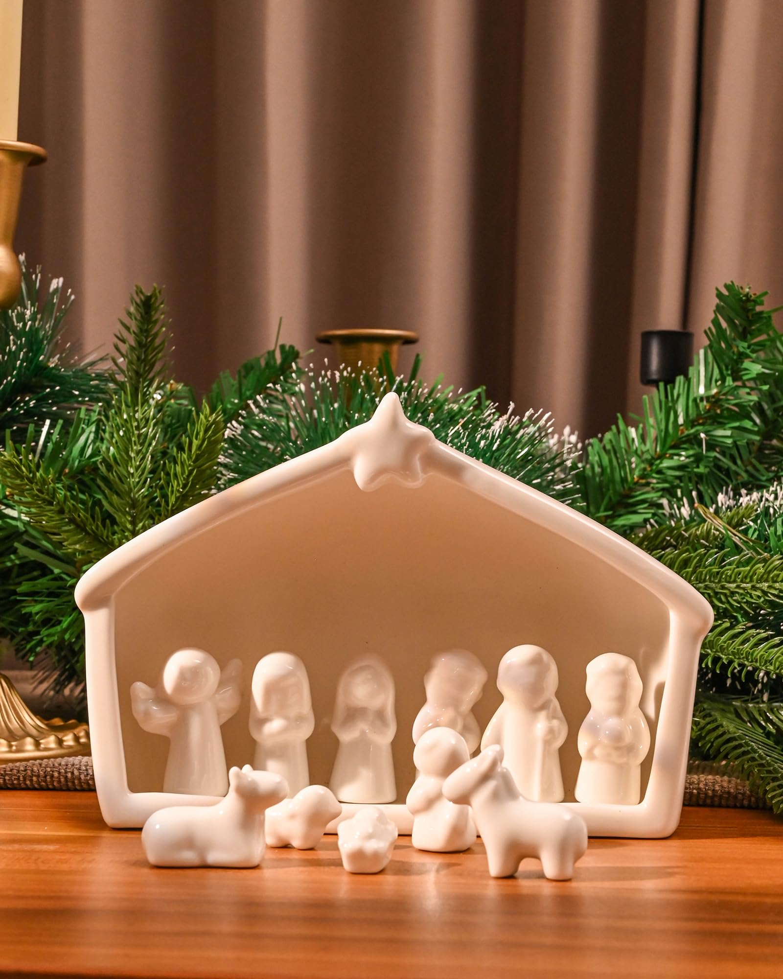 Photo 1 of WDS WONDROUS 12 Pieces Ceramic Nativity Set, Miniature Christmas Nativity Figurine, White Porcelain Nativity Scene for Christmas Indoor Farmhouse Creche Tabletop Decorations Holy