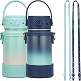 2 Pack Kids Water Bottle with Straw, 14oz Insulated Stainless Steel Tumbler, Leak-Proof Locking Lid for School, Lunchbox, Outdoor Sports, Case with Shoulder Strap(2 Pack, Mint Bloom+Midnight Mint)