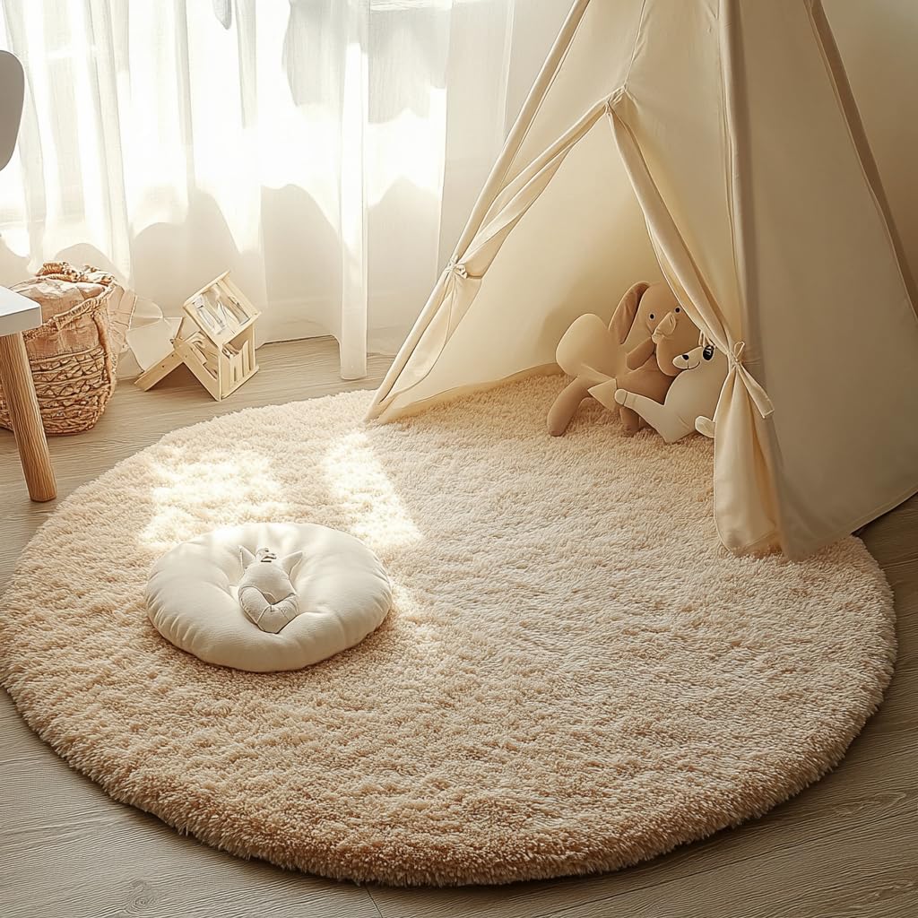 Tenekee Round Rugs for Bedrooms Fluffy Living Room Circle Area Rug Soft Shaggy Carpet for Kids Room Floor Mat (Khaki, 80cm)