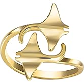 925 Sterling Silver Two Manta Ray Adjustable Easy Resize Wrap Around Bypass Ring Eternity Band, 14K Gold Plated, Nickel Free Hypoallergenic for Sensitive Skin, Island Tropical Jewelry with Gift Box