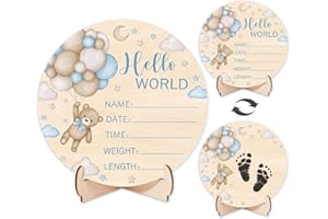 Andrain Double-Sided Wooden Newborn Birth Sign, Blue Bear Baby Announcement Sign, Bear Hello World Name Sign for Hospital, Gift for New Mom Baby Shower, Photography Prop